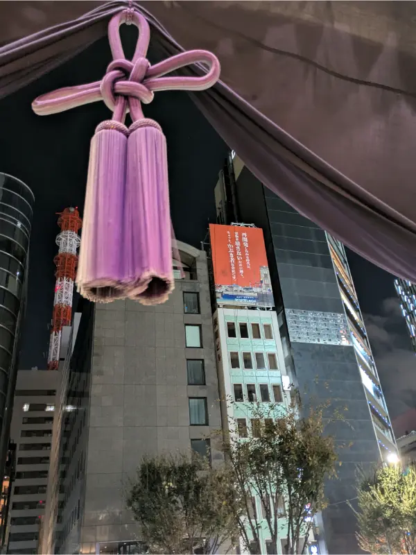 歌舞伎座入口の房ごしに見る塔屋看板